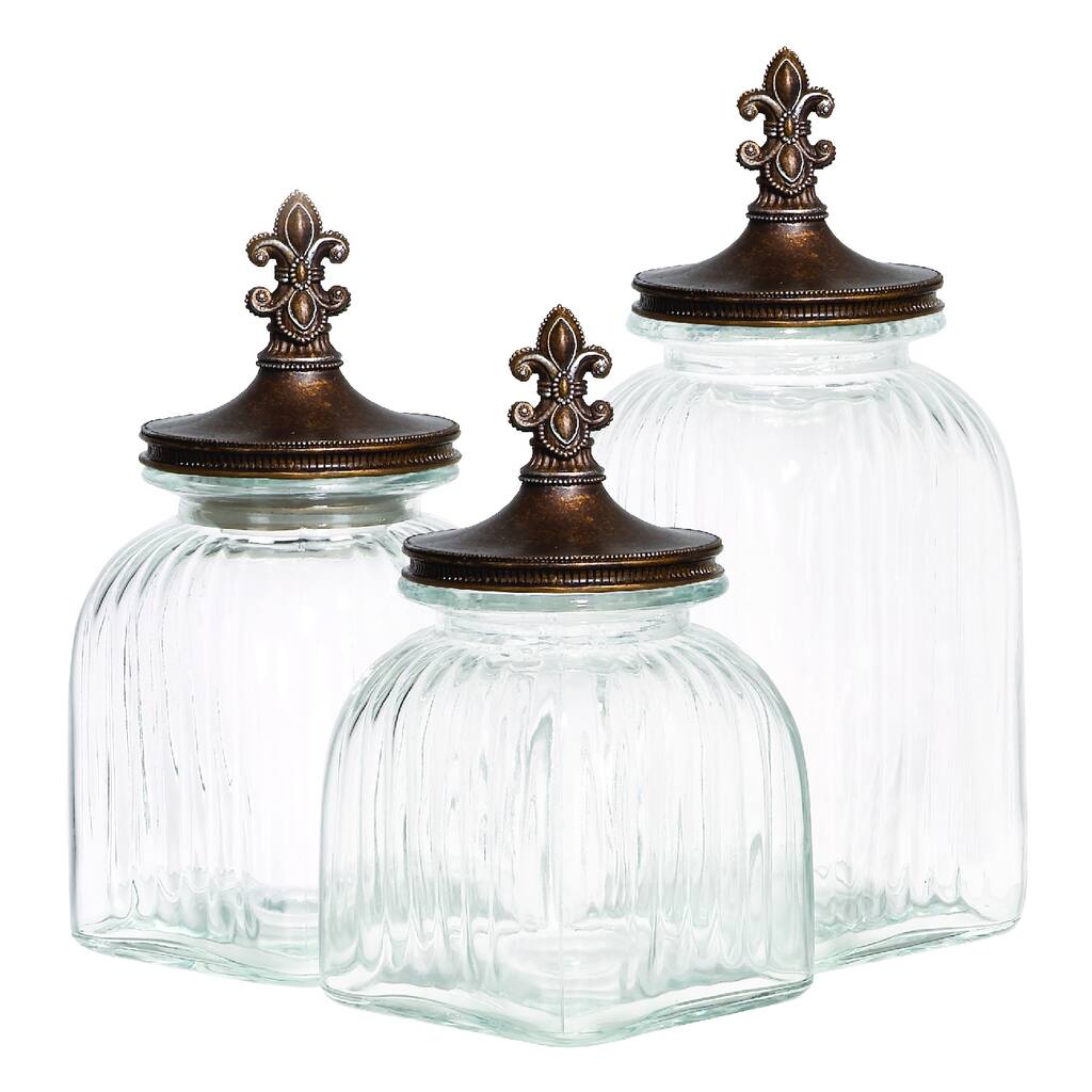 Casa Cortes Baroque Fleur De Lis 3-piece Gold Finish Glass Canister Set
