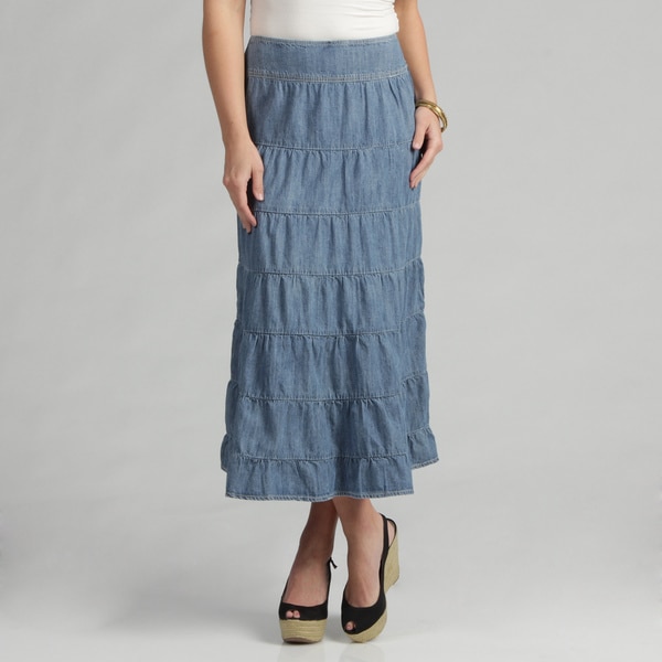 Live A Little Women's Light Denim Tiered Maxi Skirt Live A Little Long Skirts