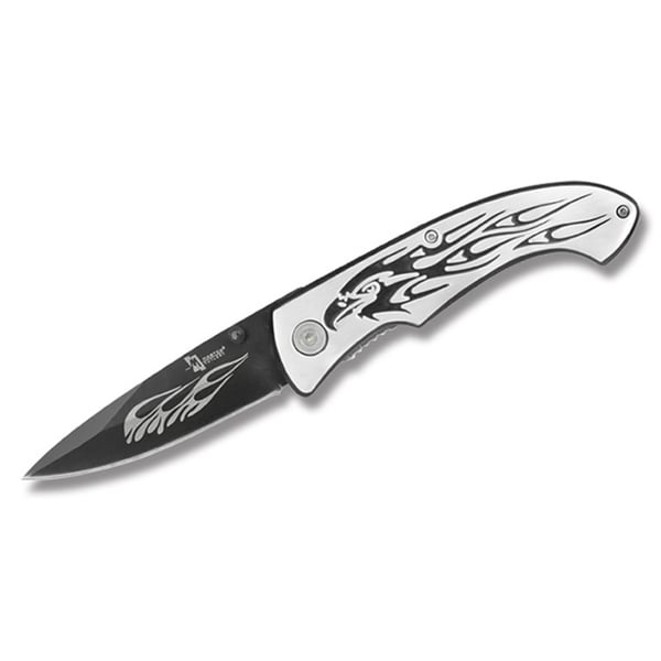 Master Cutlery Chopper Flame Graphic Linerlock with Aluminum Handle and Black Eagle Design Master Cutlery Lockback Knives