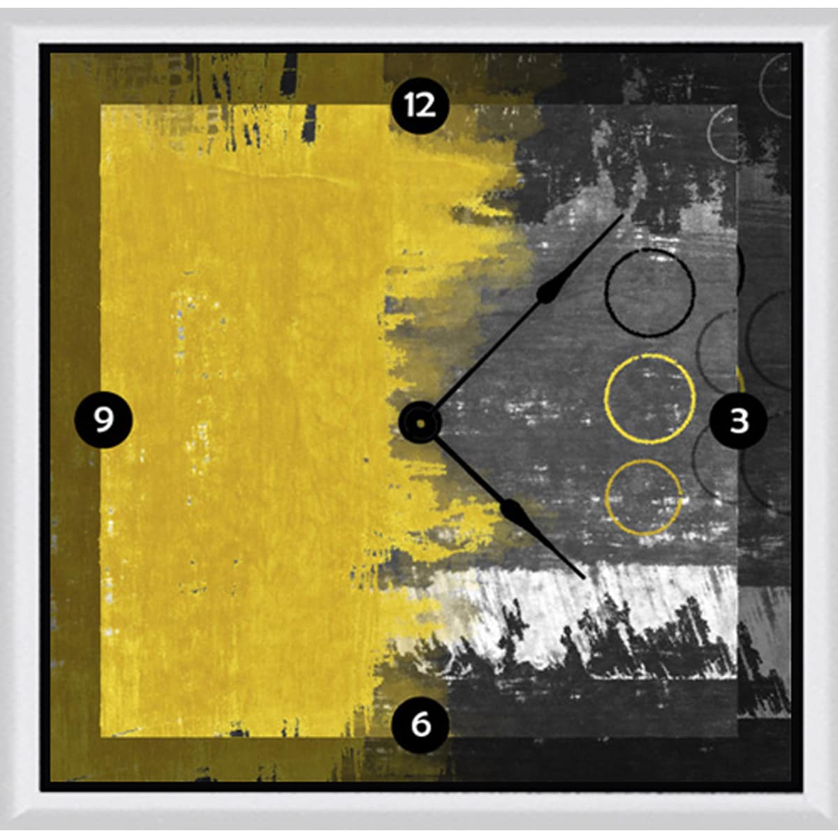 Ankan Yellow and Gray Retro Framed Clock Art (Yellow/blackAbstract patternRequires two (2) AA batteries, not included Dimensions 20 inches high x 20 inches wide x 1.5 inches deep )