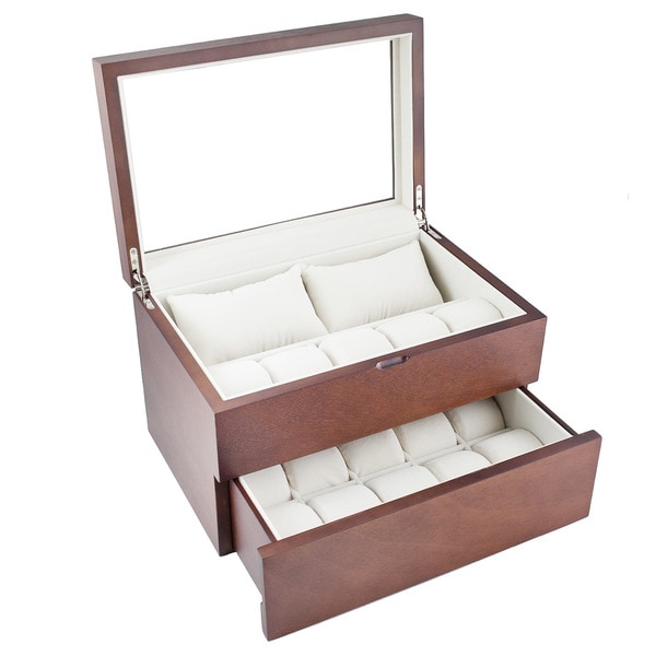 Caddy Bay Collection Vintage Wood Finish Glass Top 20-Watch Case
