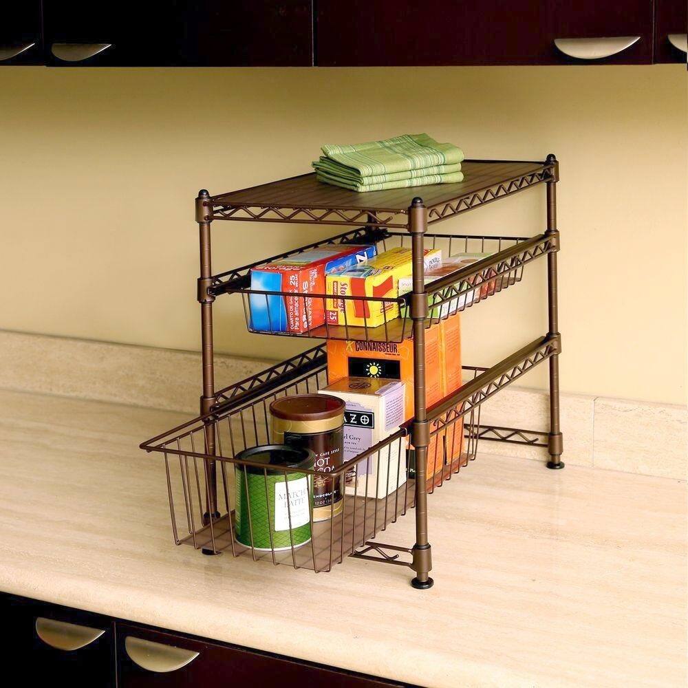 Seville Classics 11.5 in W x 17.5 in D x 18.5 in H, Stackable 3-Tier Sliding Double Basket Cabinet Organizer with Bonus Liners