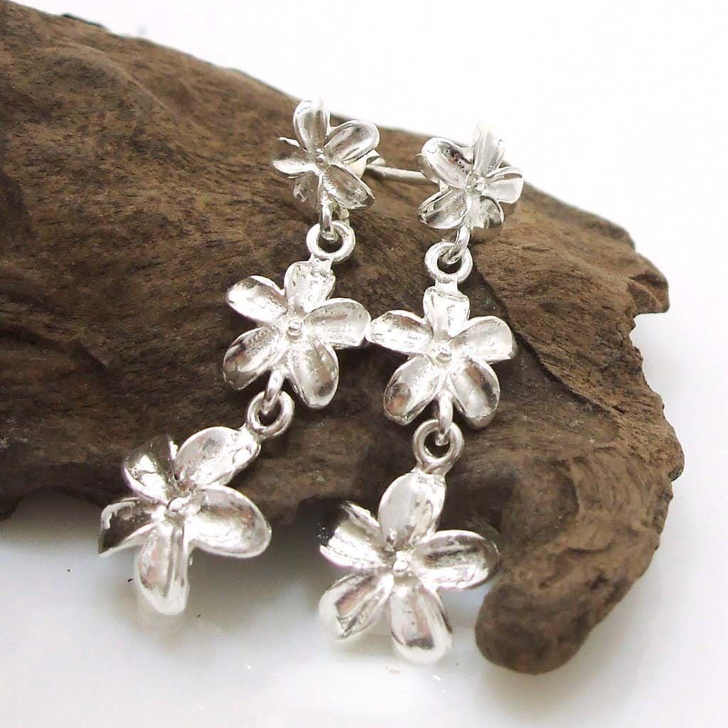 Triple Shiny Plumeria Flower .925 Sterling Silver Stud Earrings
