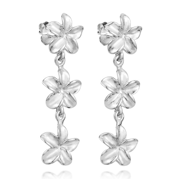 Triple Shiny Plumeria Flower .925 Sterling Silver Stud Earrings