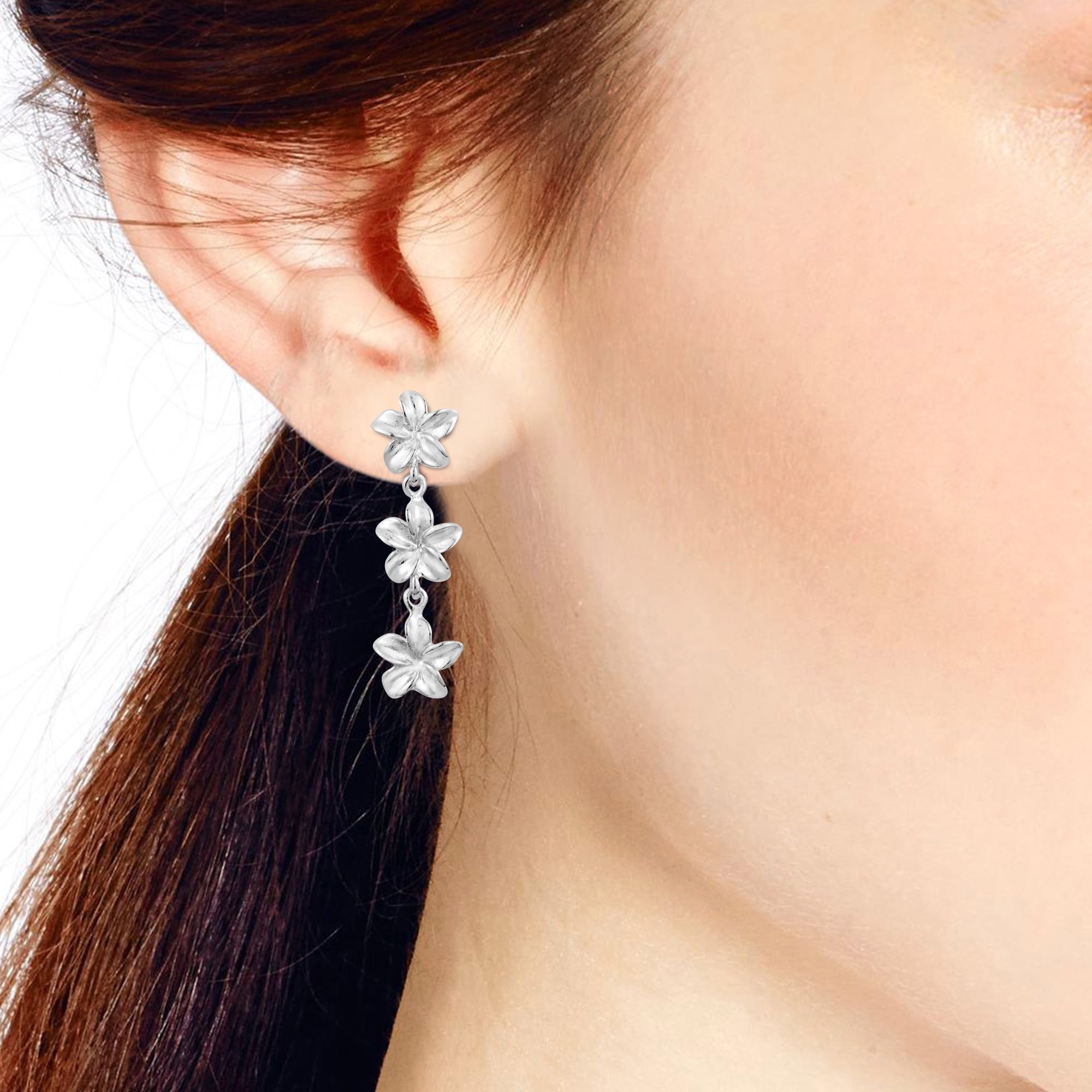 Triple Shiny Plumeria Flower .925 Sterling Silver Stud Earrings