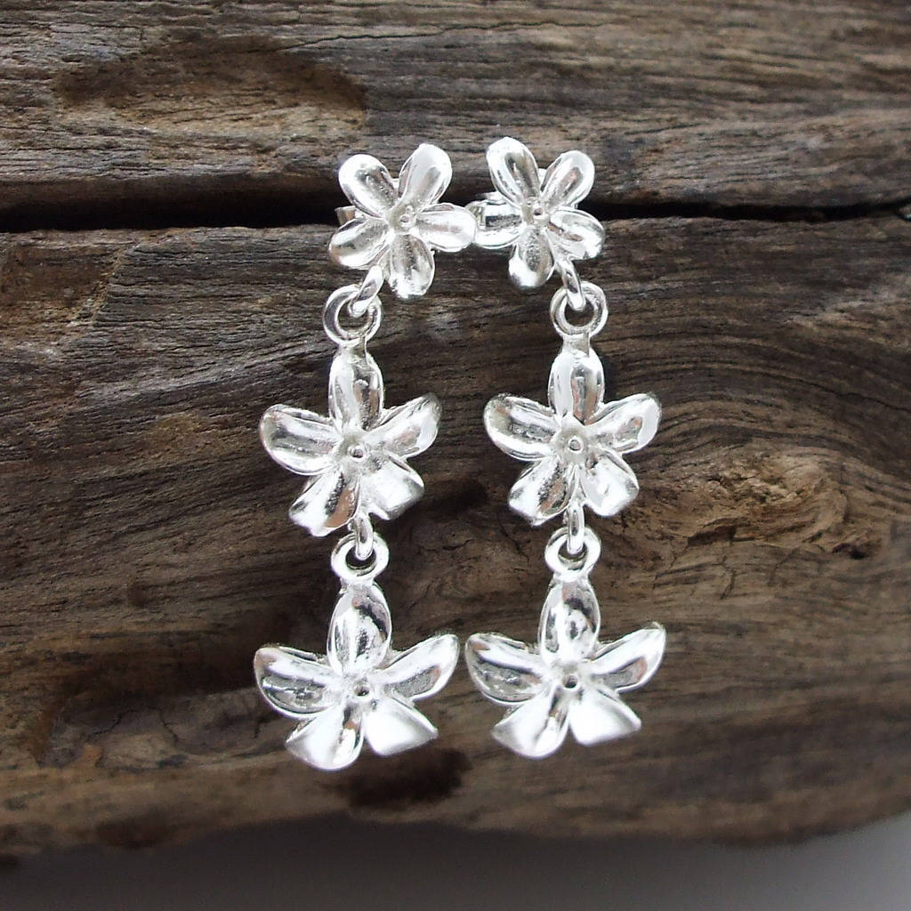 Triple Shiny Plumeria Flower .925 Sterling Silver Stud Earrings