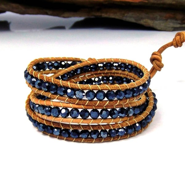 Handmade Natural Beauty Stones Three Wrap Nude Leather Bracelet