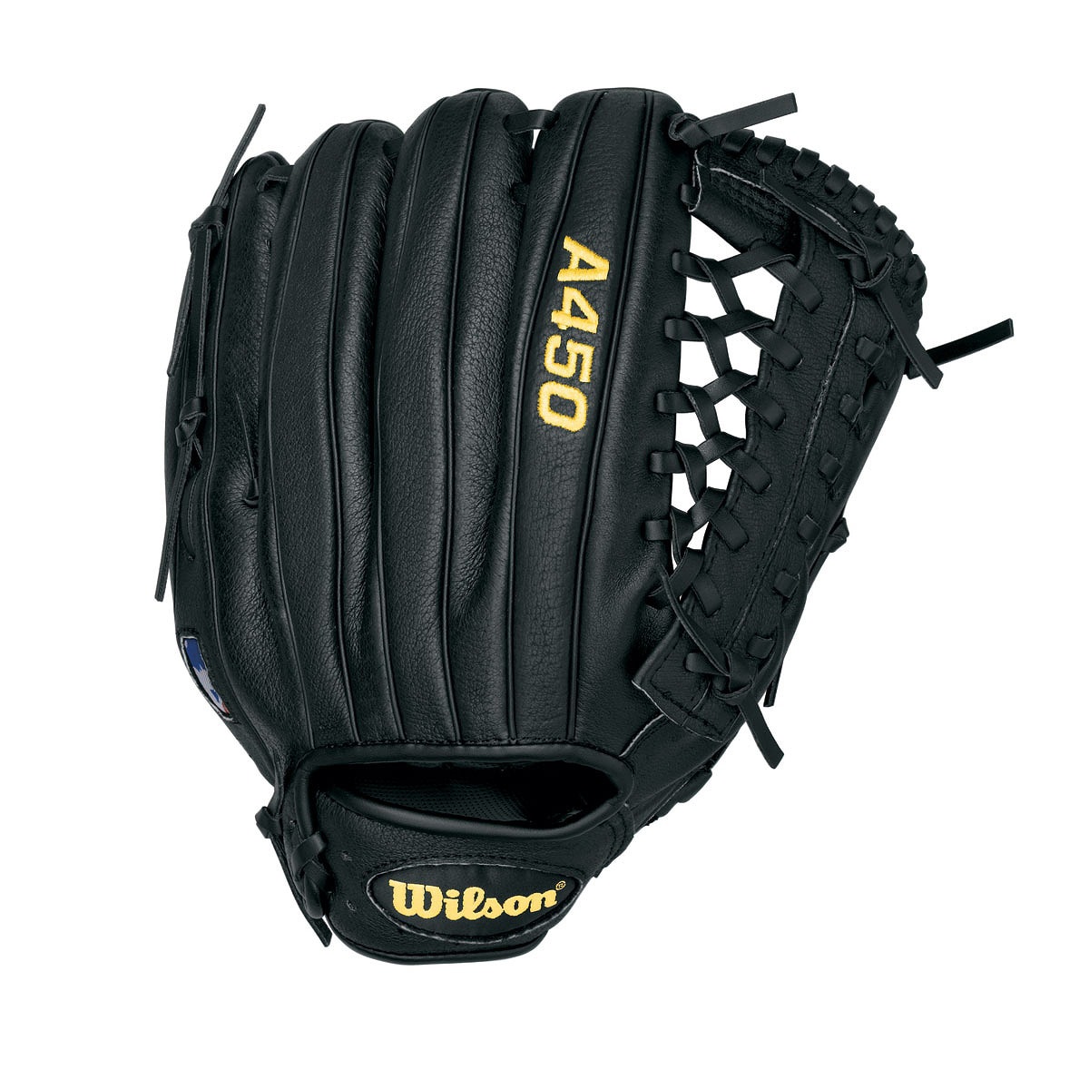 Wilson A450 Gaming Gloves (BlackBrand WilsonDual post webAll positionsGame ready all leather shellDual welting for a durable pocket 12 inchesAdult/child YouthMale/female MaleRight handed throwerMaterial LeatherColor BlackBrand WilsonDual post webAll