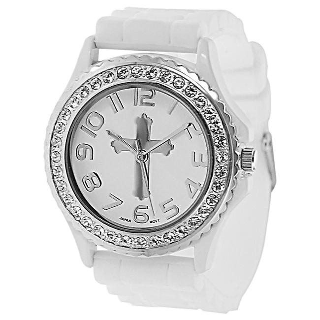   Womens Rhinestone accented Cross Silicone Watch  