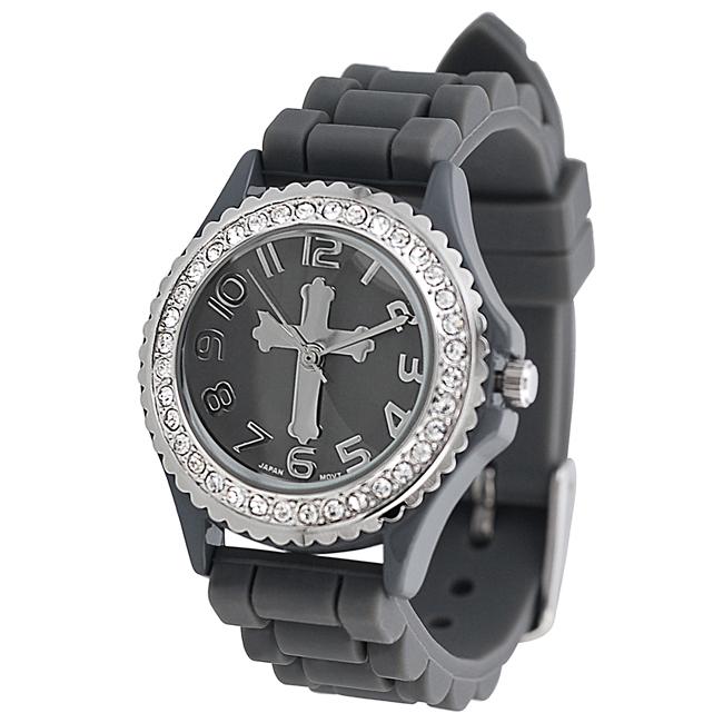   Womens Rhinestone accented Cross Silicone Watch  