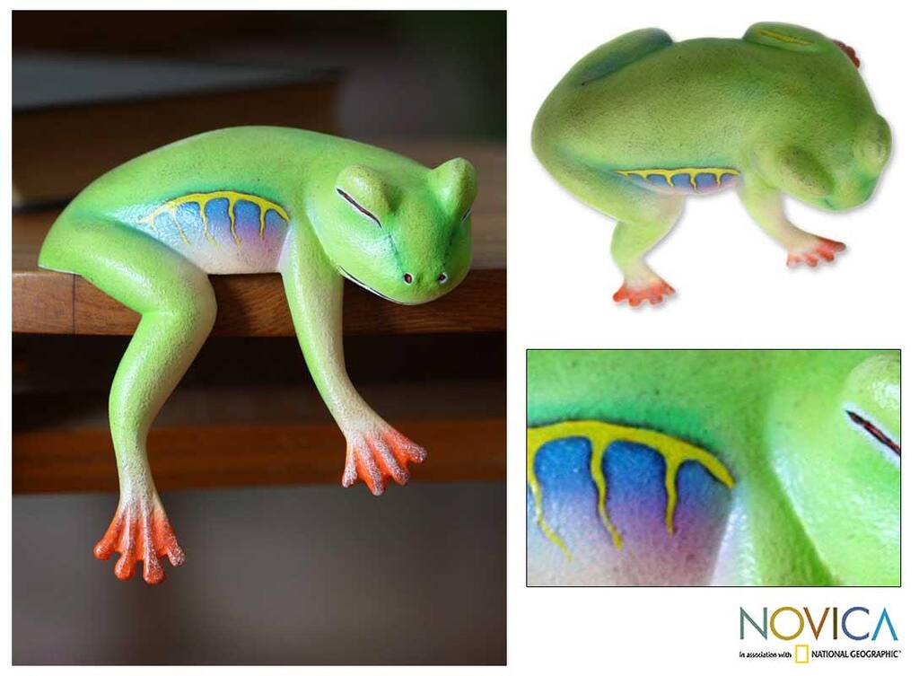 Wood 'Sleeping Tree Frog' Sculpture, Handmade in Indonesia