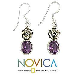 Sterling Silver 'Sweet Rose' Amethyst Flower Earrings (India) Novica Earrings