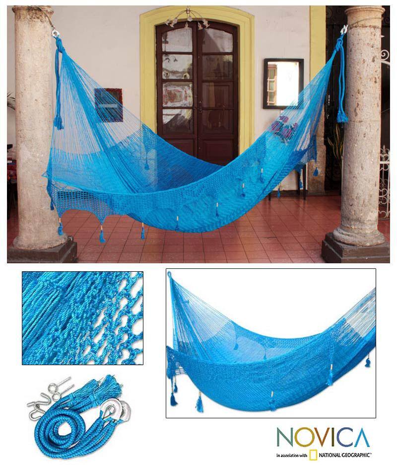 Handmade Nylon 'Blue Heaven' Large Deluxe Hammock (Mexico)