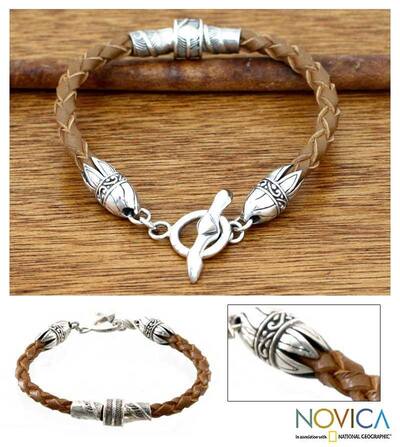 Handmade Sterling Silver Men's 'Feather' Leather Bracelet (Indonesia)