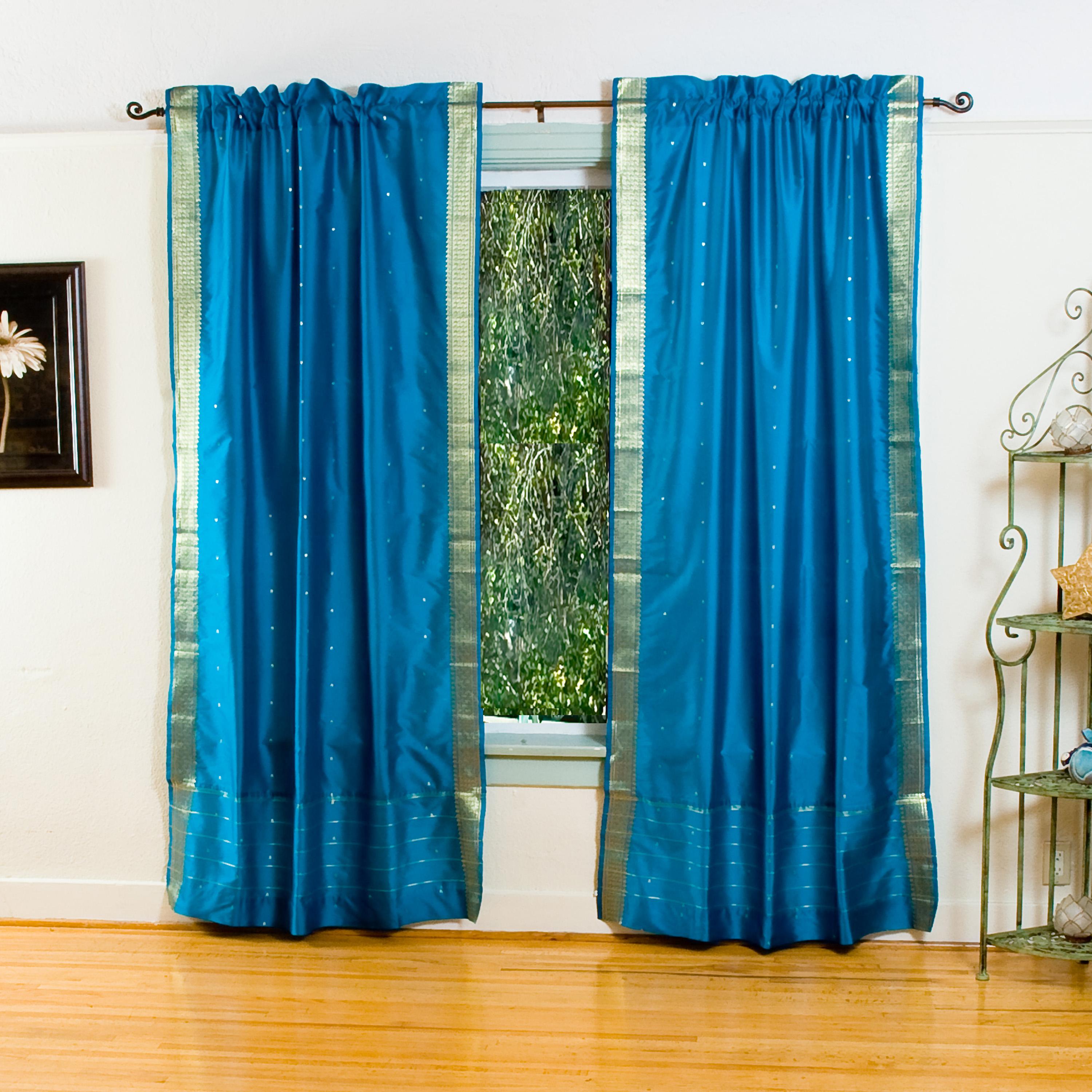 Turquoise Sheer Sari 84 inch Rod Pocket Curtain Panel Pair (India 