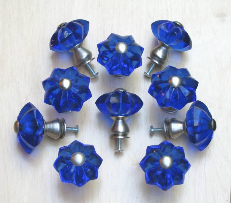 Shop Cobalt Blue Star Glass and Satin Nickel Knobs (Set of 10) - Free ...