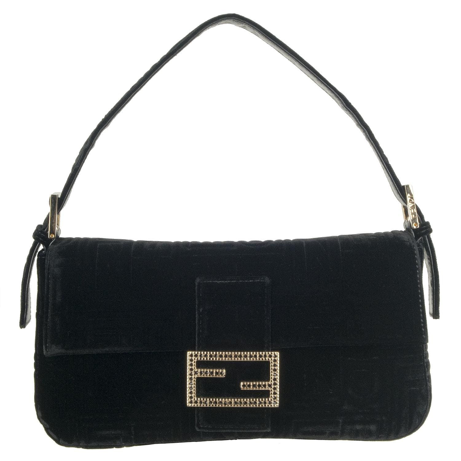 Fendi Black Velvet Logo embossed Baguette  