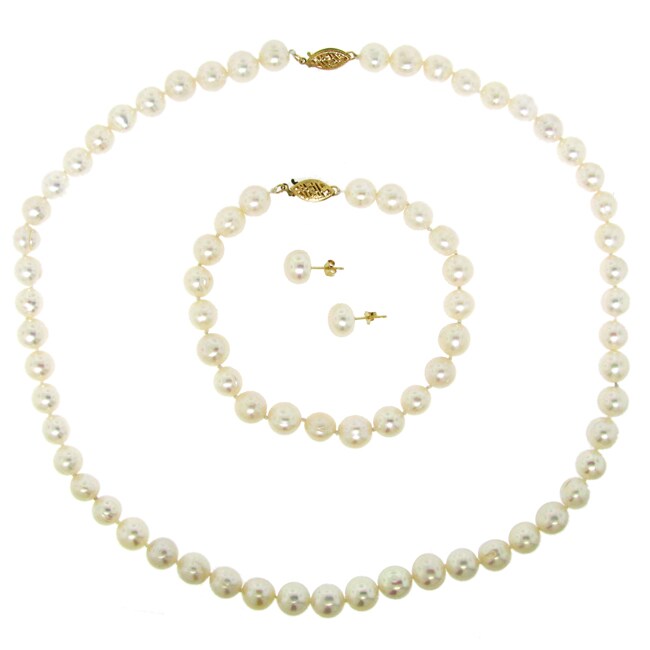   Yellow Gold White Pearl 3 piece Jewelry Set (8 9 mm)  