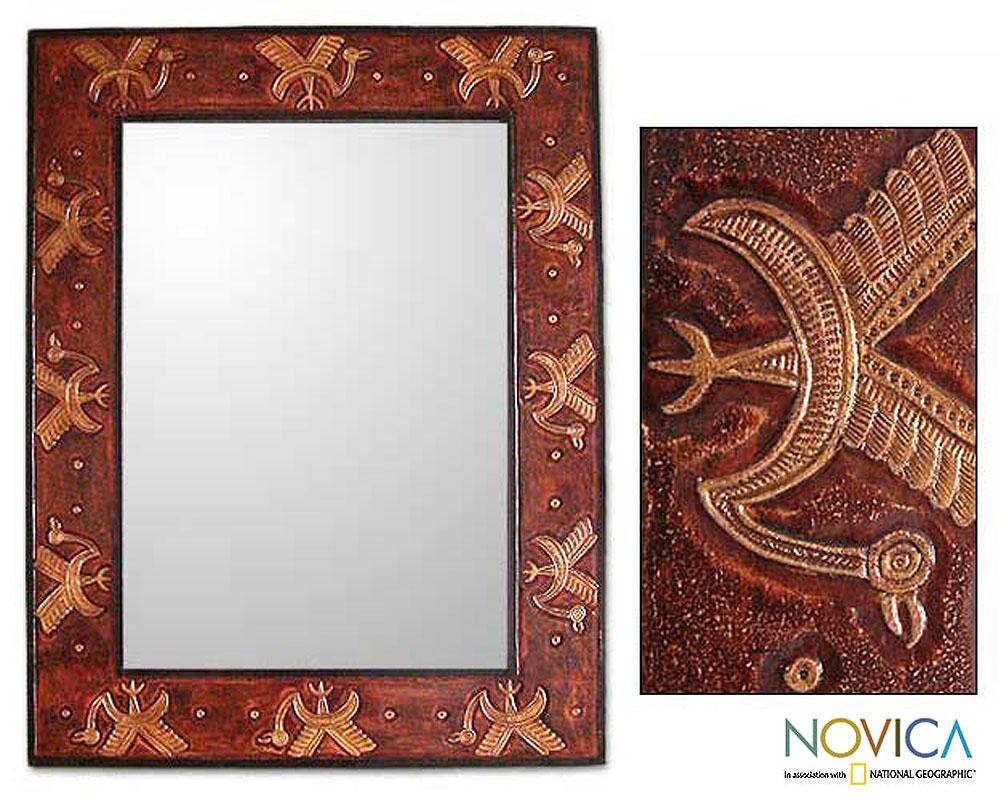 Handcrafted Leather 'Dancing Cranes' Mirror (Peru)