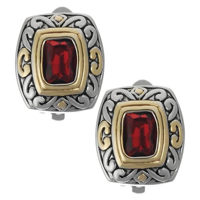 Two tone Red Cubic Zirconia Ornate Clip on Earrings