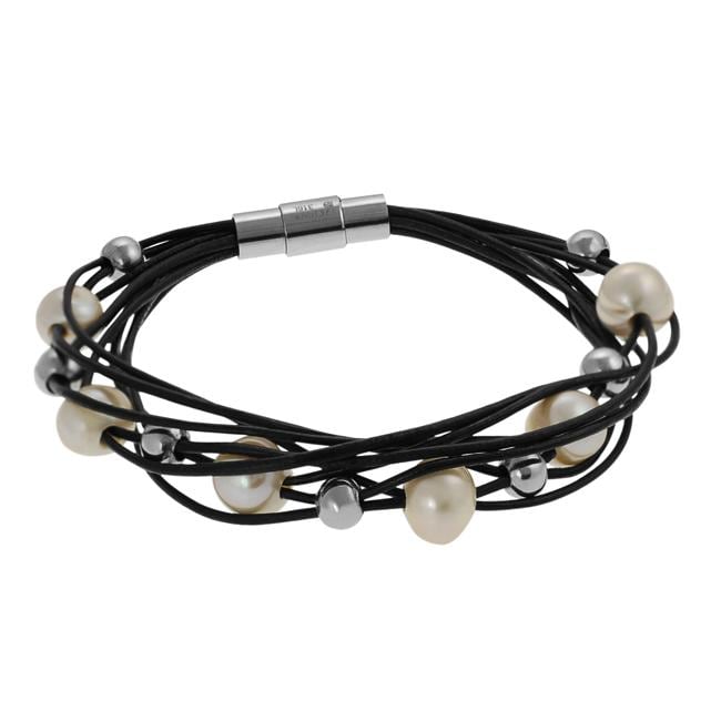 Silvertone Ball and Faux Pearl Black Multi-strand Bracelet - 13720860 ...