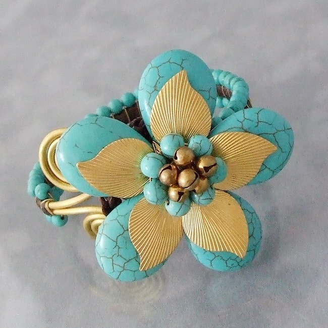 Brass Leaf Natures Love Turquoise Floral Jingle Cuff (Thailand 