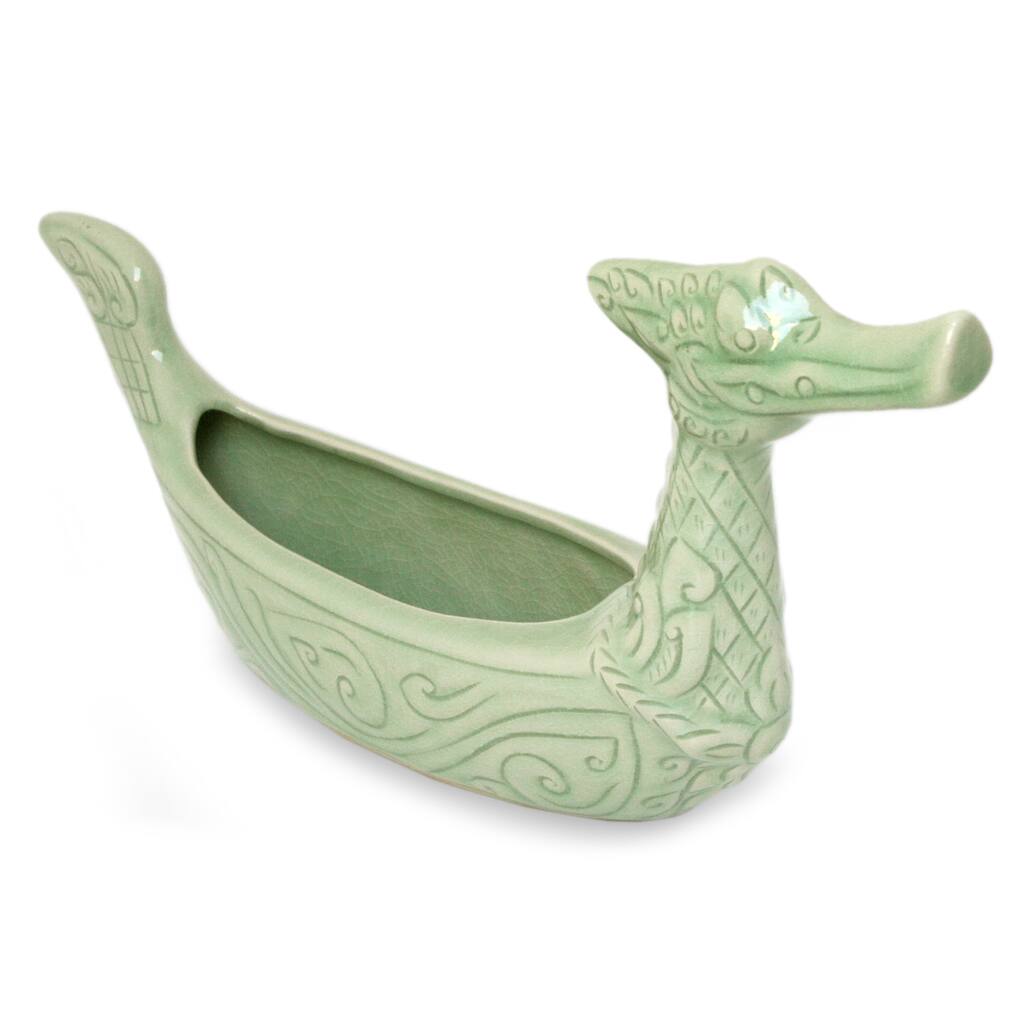 Handmade Celadon Ceramic 'Thai Swan' Vase (Thailand)