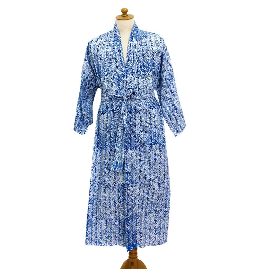Handmade Cotton Men's 'Blue Baskets' Robe (Indonesia)