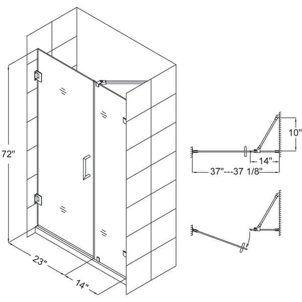 dimension image slide 2 of 4, DreamLine Unidoor Lux 37 in. W x 72 in. H Fully Frameless Hinged Shower Door with Support Arm - 37" W