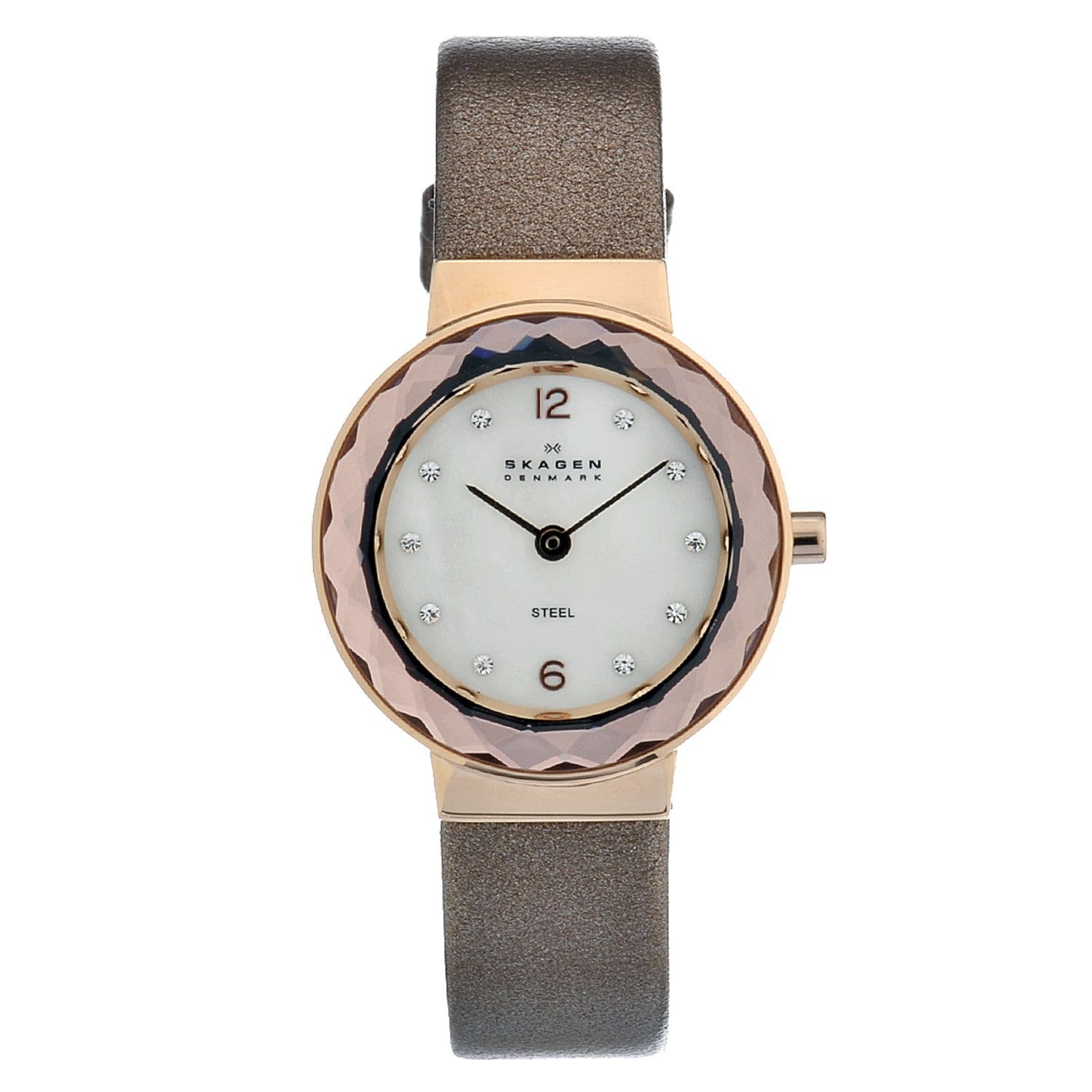 Skagen Womens Rose gold Steel Crystal Leather Strap Watch Today $99