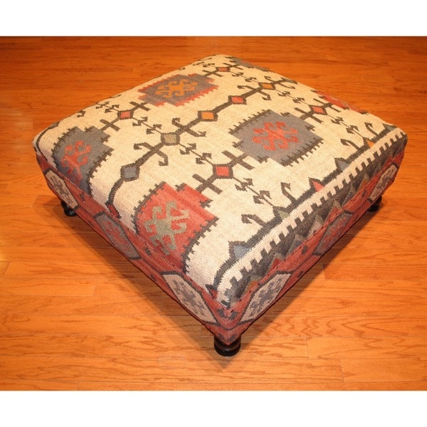 Handmade Kilim Dark Sheesham Wooden Ottoman (India)