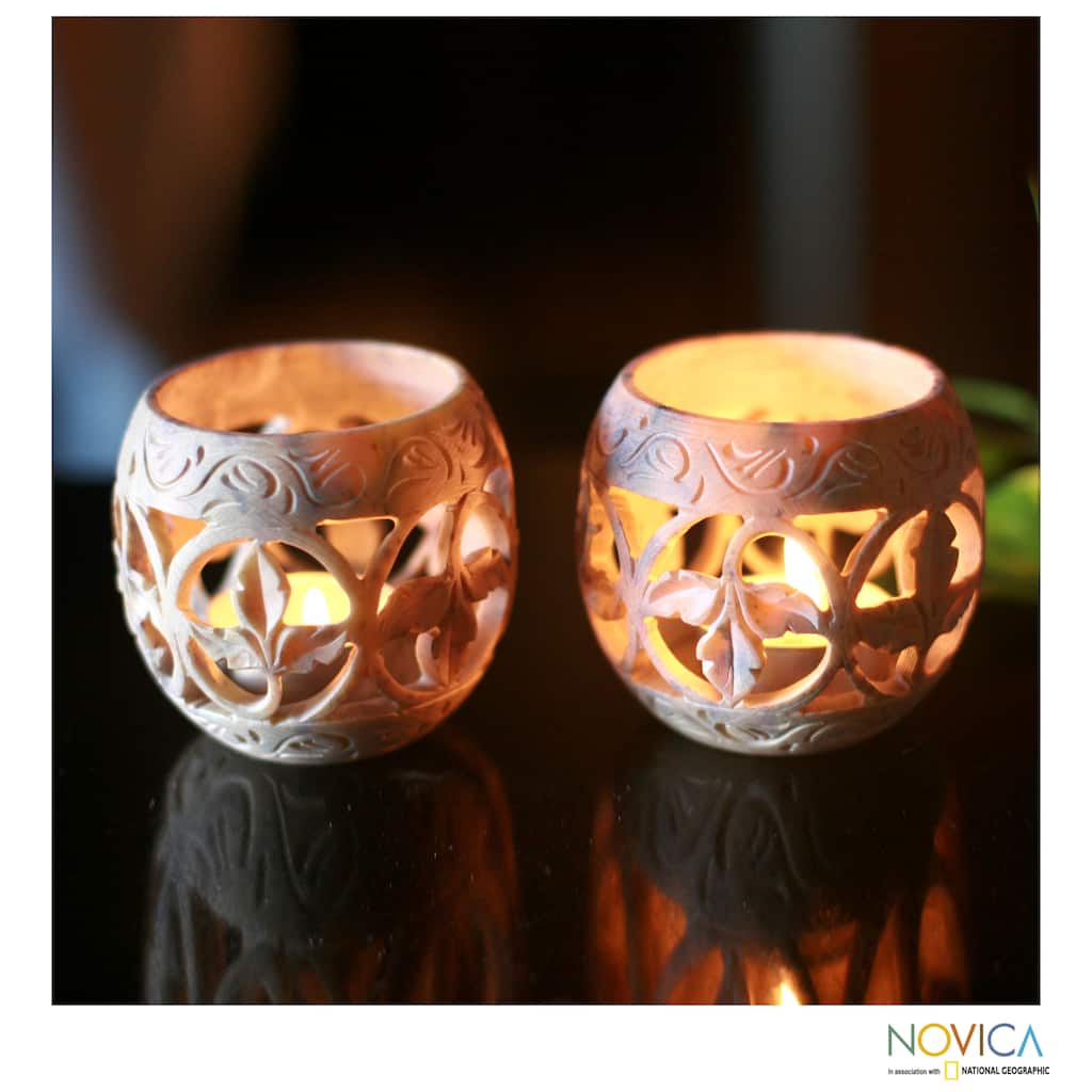 Set of 2 Soapstone 'Fig Leaf' Candleholders (India)