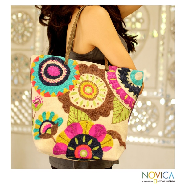 Cotton 'Dayal Bagh Flowers' Large Tote Handbag (India)