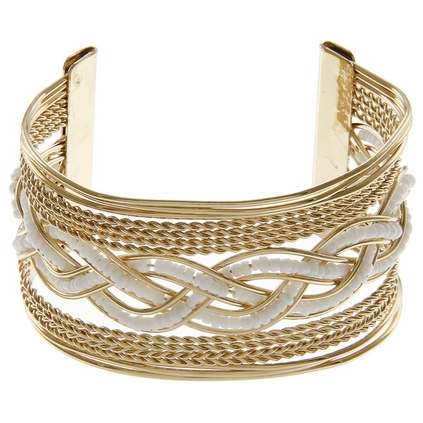 LucyNatalie Goldtone White Bead Braided Wire Cuff Bracelet - Free ...