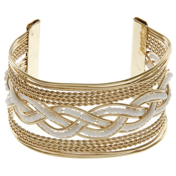 LucyNatalie Goldtone White Bead Braided Wire Cuff Bracelet - Free ...