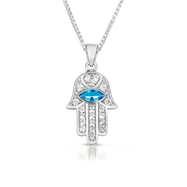 Sterling Silver Blue and Clear Cubic Zirconia 'Hamsa' Evil Eye Necklace ...