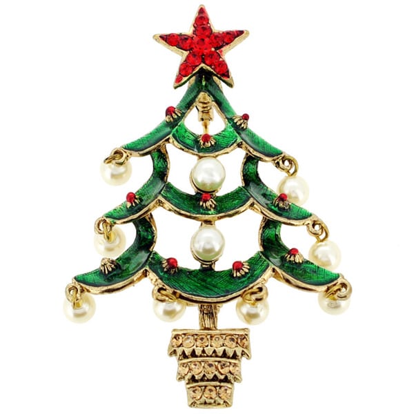 Shop Goldtone Faux Pearl and Crystal Christmas Tree Brooch - Free ...