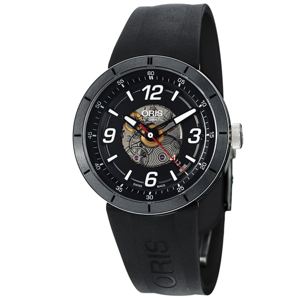 Oris Mens TT1 Black Skeleton Dial Black Rubber Strap Watch