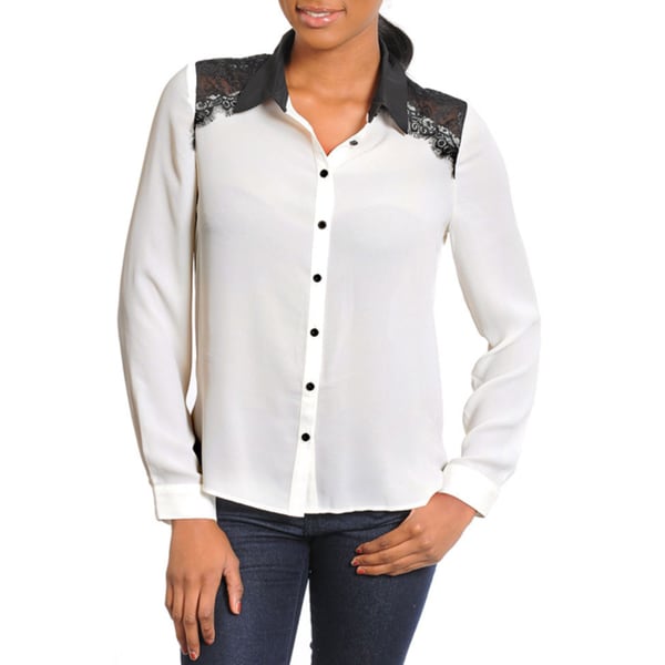 Stanzino Women's Ivory Lace-detailed Long Sleeve Shirt