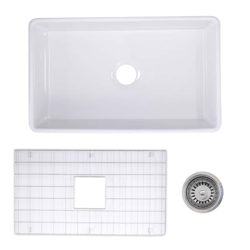 Highpoint Collection 30-inch Fireclay Farm Sink with Grid and Drain - 30.25 x 18 x 10 inches