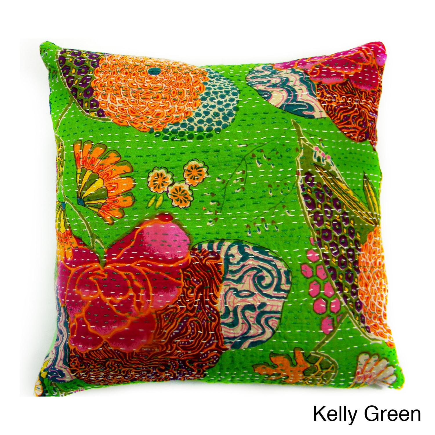 Indian embroidered cushion cover 16/" square floral design dark green