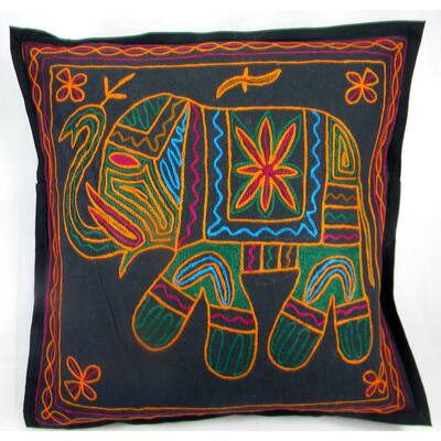 Black Handstitched Elephant Cushion Cover (India)