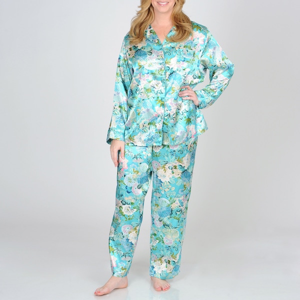 La Cera Women's Plus Teal Floral Pajama Set La Cera Pajamas & Robes