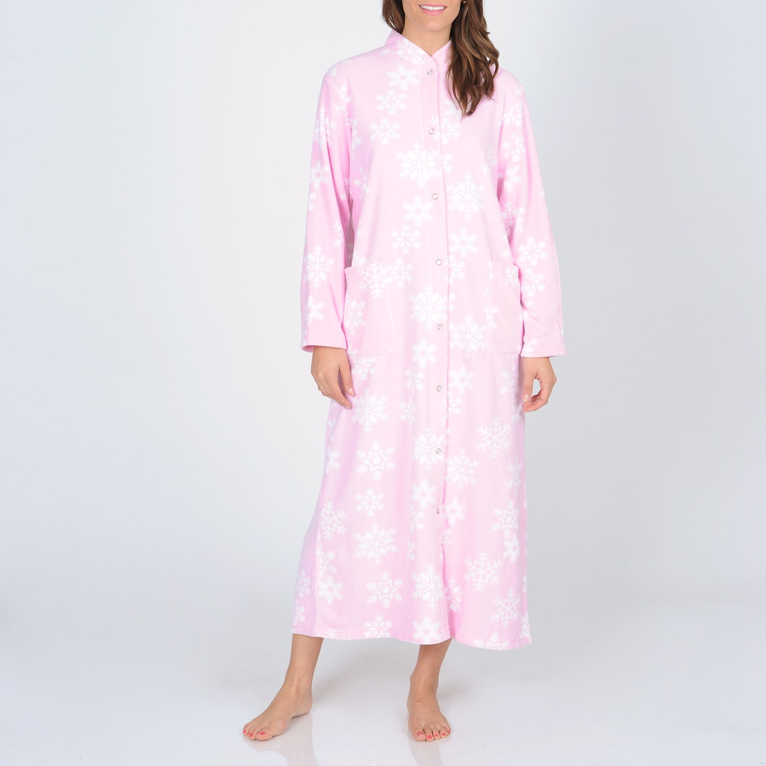 La Cera Womens Snowflake Print Fleece Robe (PinkSnowflake printLong sleevesStand collarSnap front closureTwo (2) pouch pocketsApproximate length from top center back to hem is 52 inches. Measurement was taken from a size smallMeasurement Guide Click here 