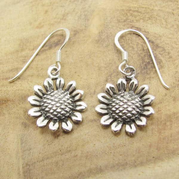 Sterling Silver Golden Sunflower with Cubic Zirconia Drop Earrings For Her