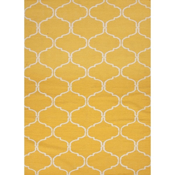 Handmade Geometric Flat Weave Yellow Wool Rug (5' x 8')