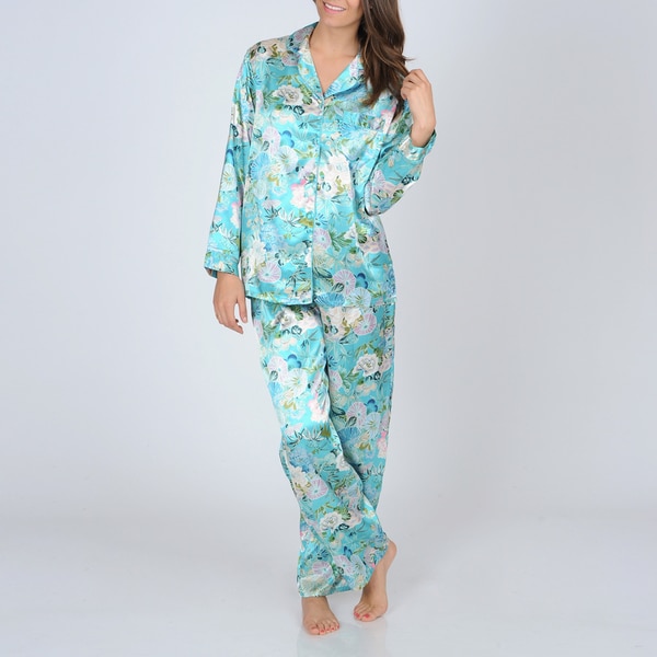 Shop La Cera Women's Teal Floral Print Satin Pajama Set - Free Shipping ...