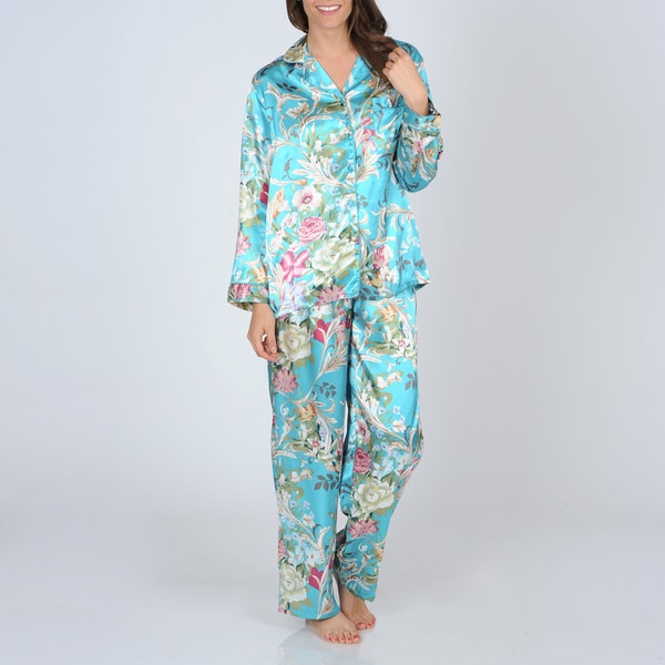 Shop La Cera Women's Turquoise Floral Print Satin Pajama Set - Free ...