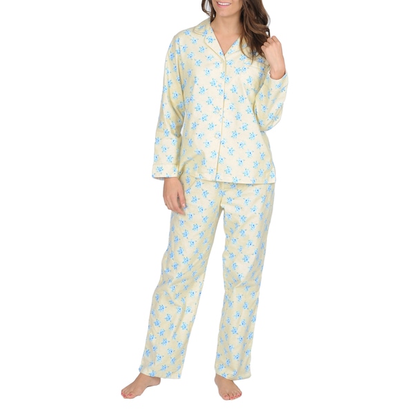 Shop La Cera Women's Yellow Floral Print Flannel Pajama Set - Overstock ...