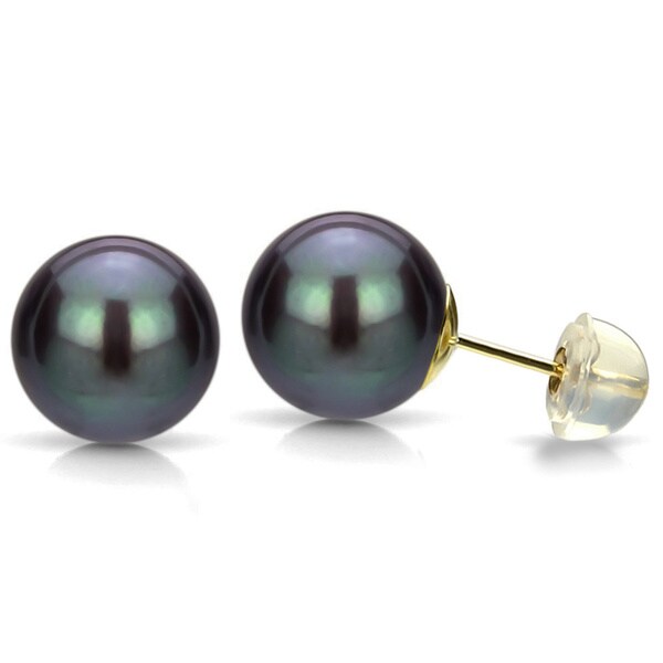 DaVonna 14k Gold Black Perfect Round Akoya Pearl Stud Earrings (5.5 6